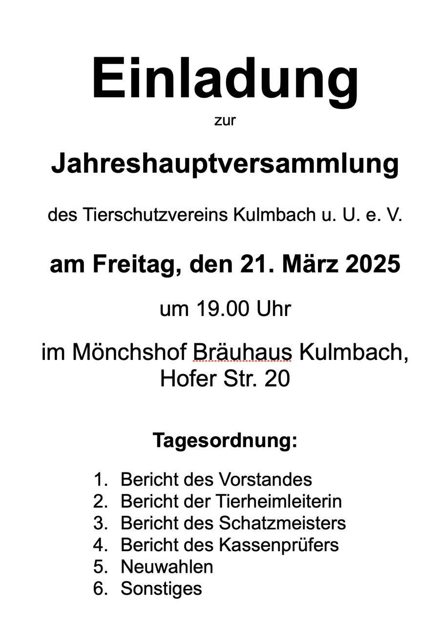 Einladung Jahreshauptversammlung am 21.03.2025 um 19:00 Uhr im Mönchshofbräuhaus Kulmbach