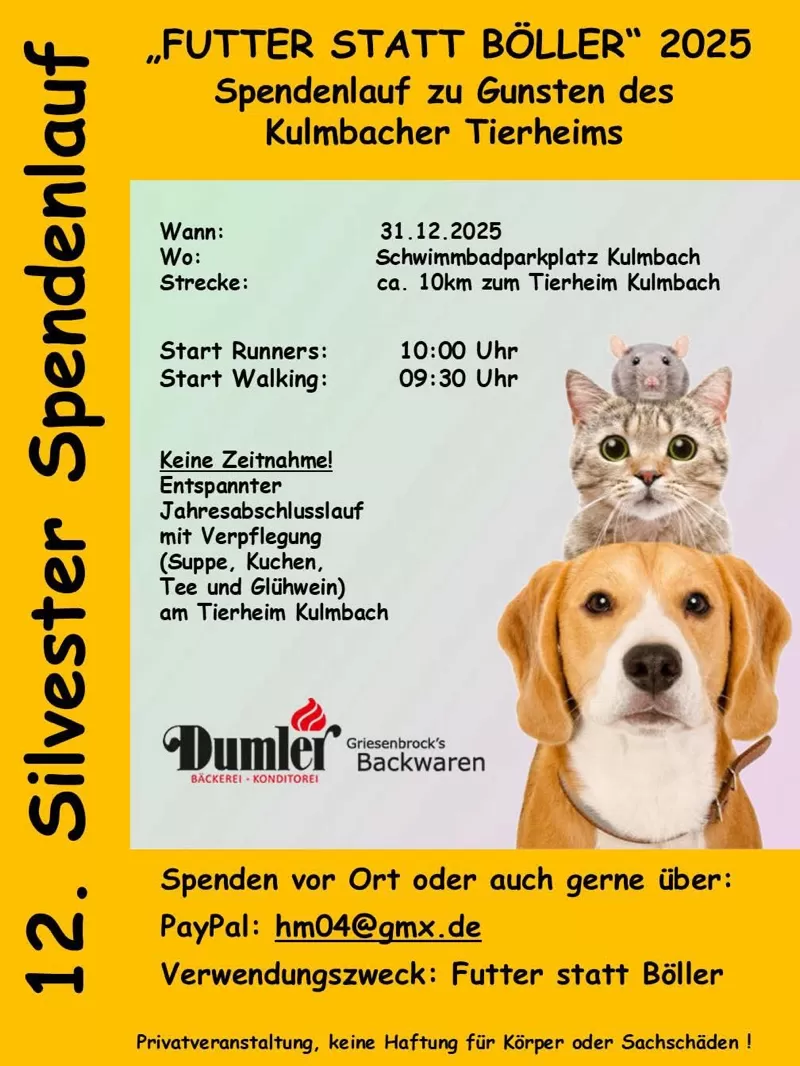 Plakat Futter statt Böller - Spendenlauf für das Tierheim